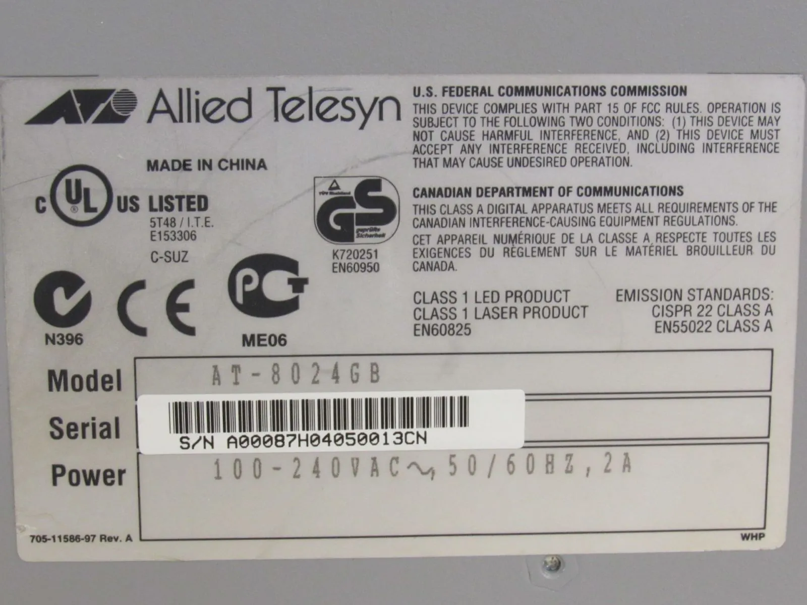 Allied Telesyn Fast Ethernet Switch 10Base-T 100Base-TX AT-8024GB -- Used