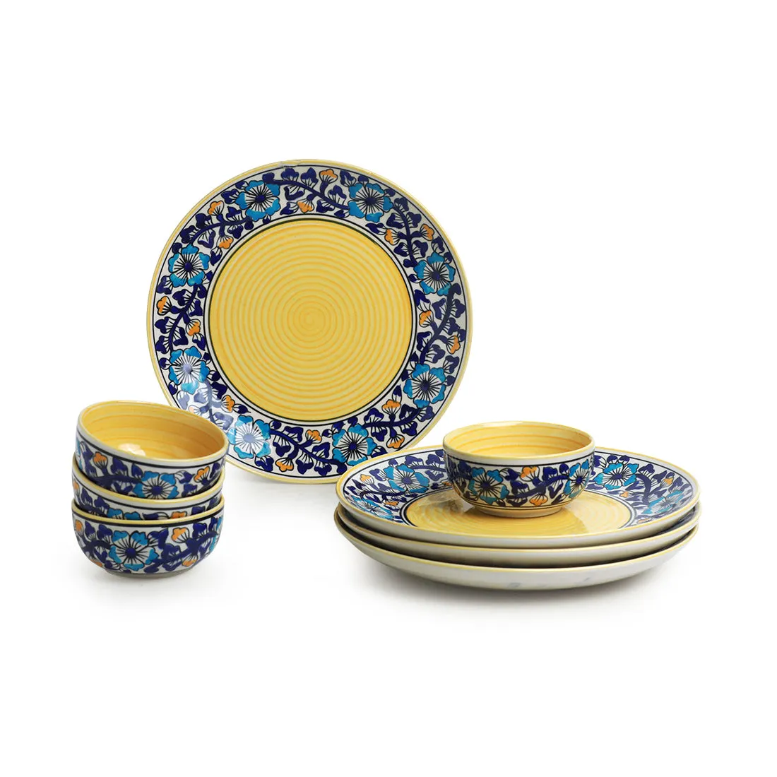 'Badamwari Bagheecha' Handpainted Ceramic Dinner Plates With Katoris (8 Pieces, Serving for 4, Microwave Safe)