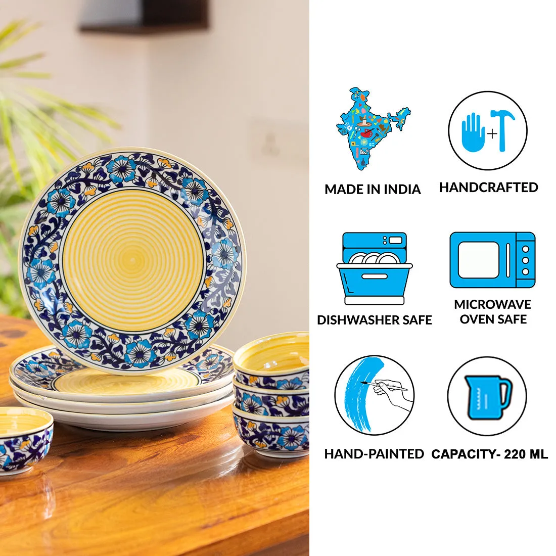 'Badamwari Bagheecha' Handpainted Ceramic Dinner Plates With Katoris (8 Pieces, Serving for 4, Microwave Safe)