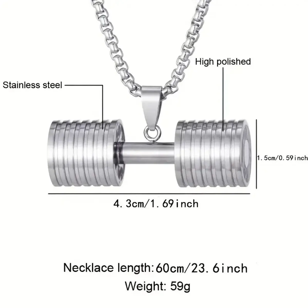 Barbell Dumbell Macho Large Heavy Silver Stainless Steel Pendant Chain