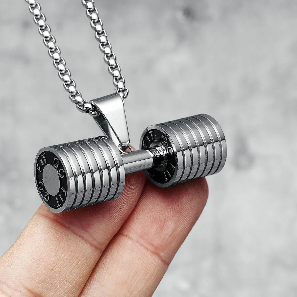 Barbell Dumbell Macho Large Heavy Silver Stainless Steel Pendant Chain