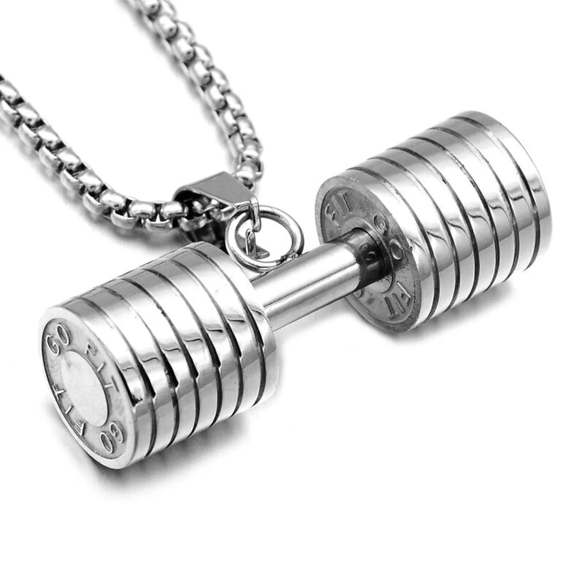 Barbell Dumbell Macho Large Heavy Silver Stainless Steel Pendant Chain