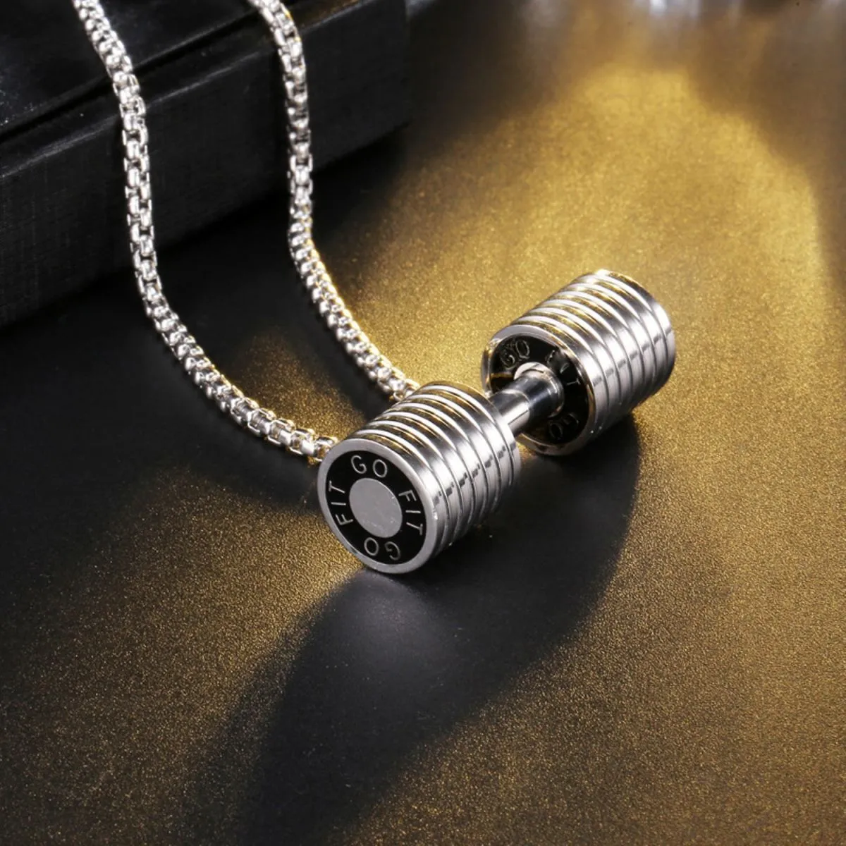 Barbell Dumbell Macho Large Heavy Silver Stainless Steel Pendant Chain