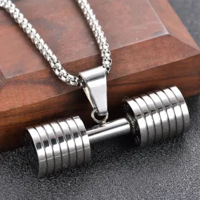 Barbell Dumbell Macho Large Heavy Silver Stainless Steel Pendant Chain