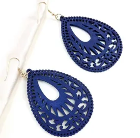 Beautiful Navy Blue Wooden Drop Earrings