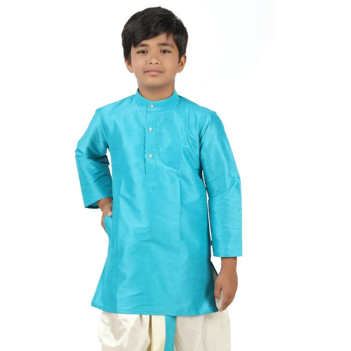 Boys Slub Kurta Panchakacham Set Cerulean