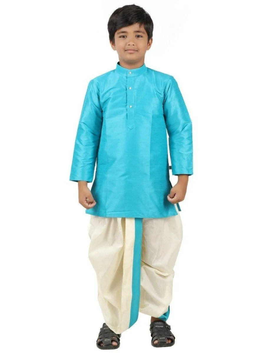 Boys Slub Kurta Panchakacham Set Cerulean