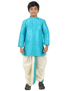 Boys Slub Kurta Panchakacham Set Cerulean