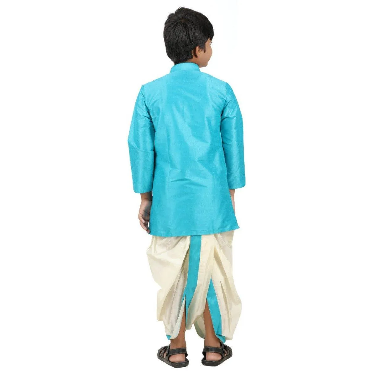 Boys Slub Kurta Panchakacham Set Cerulean