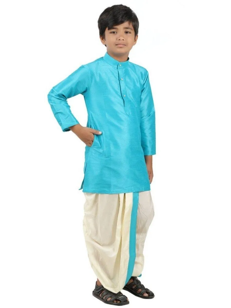 Boys Slub Kurta Panchakacham Set Cerulean