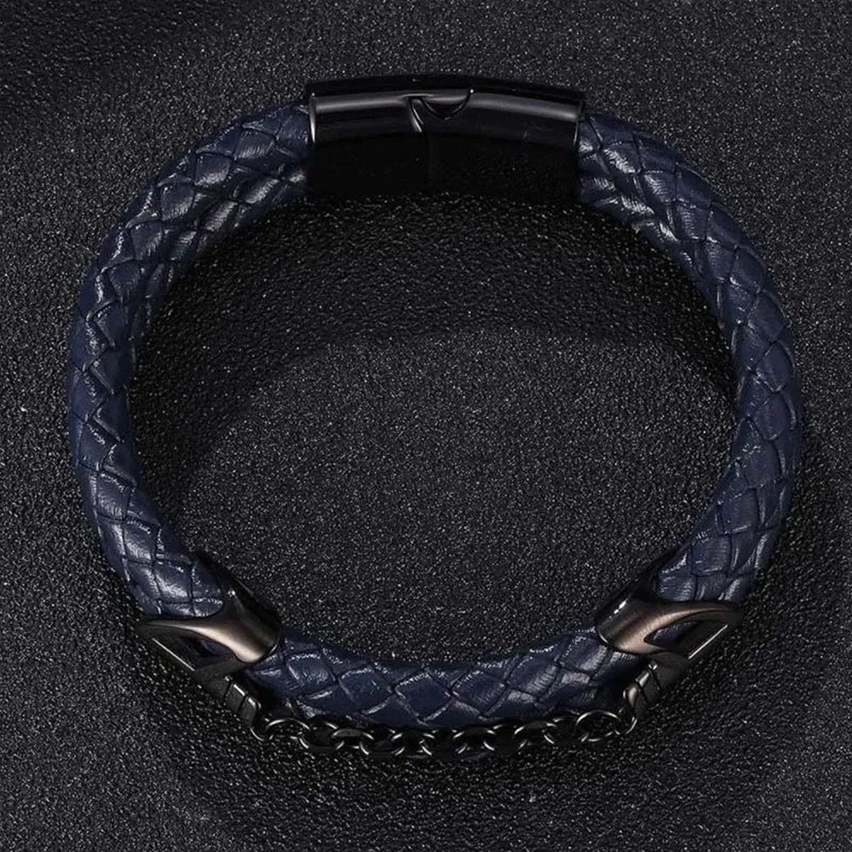 Braided Stainless Steel Black Leather Wrist Band Strand Dual Arrow Layer Bracelet For Men