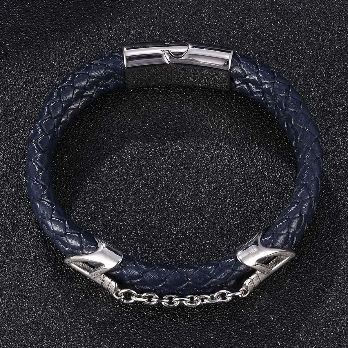 Braided Stainless Steel Black Leather Wrist Band Strand Dual Arrow Layer Bracelet For Men