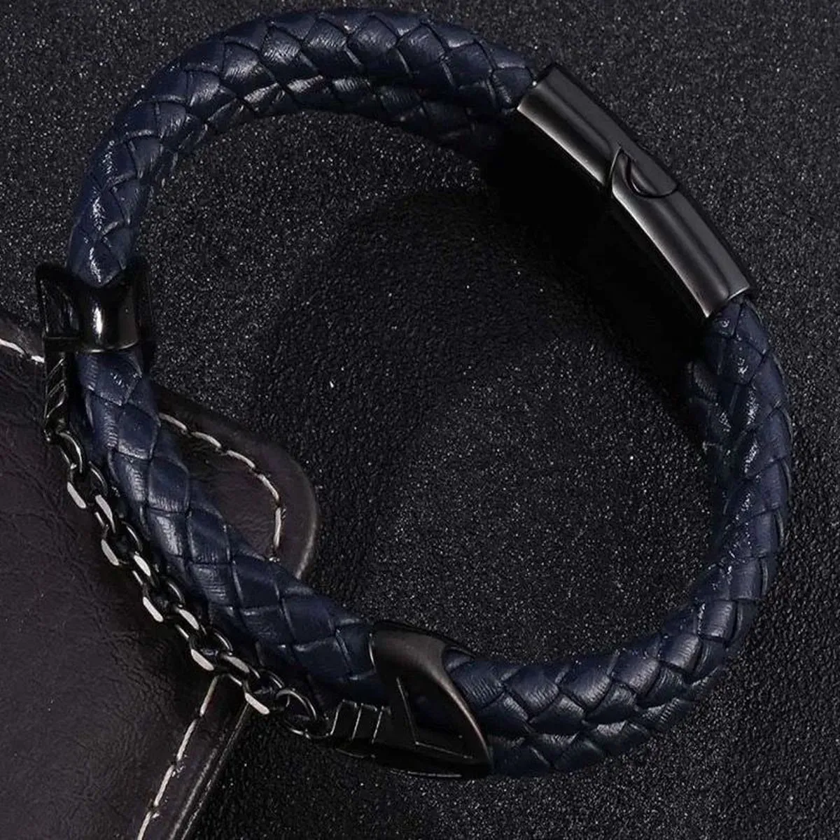 Braided Stainless Steel Black Leather Wrist Band Strand Dual Arrow Layer Bracelet For Men