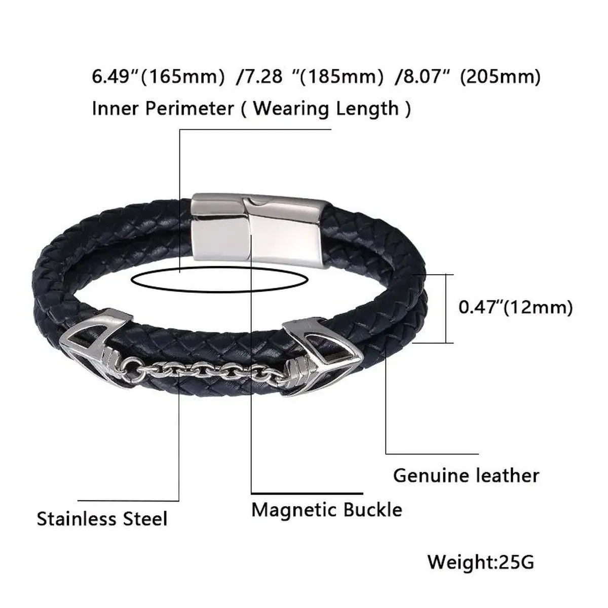 Braided Stainless Steel Black Leather Wrist Band Strand Dual Arrow Layer Bracelet For Men