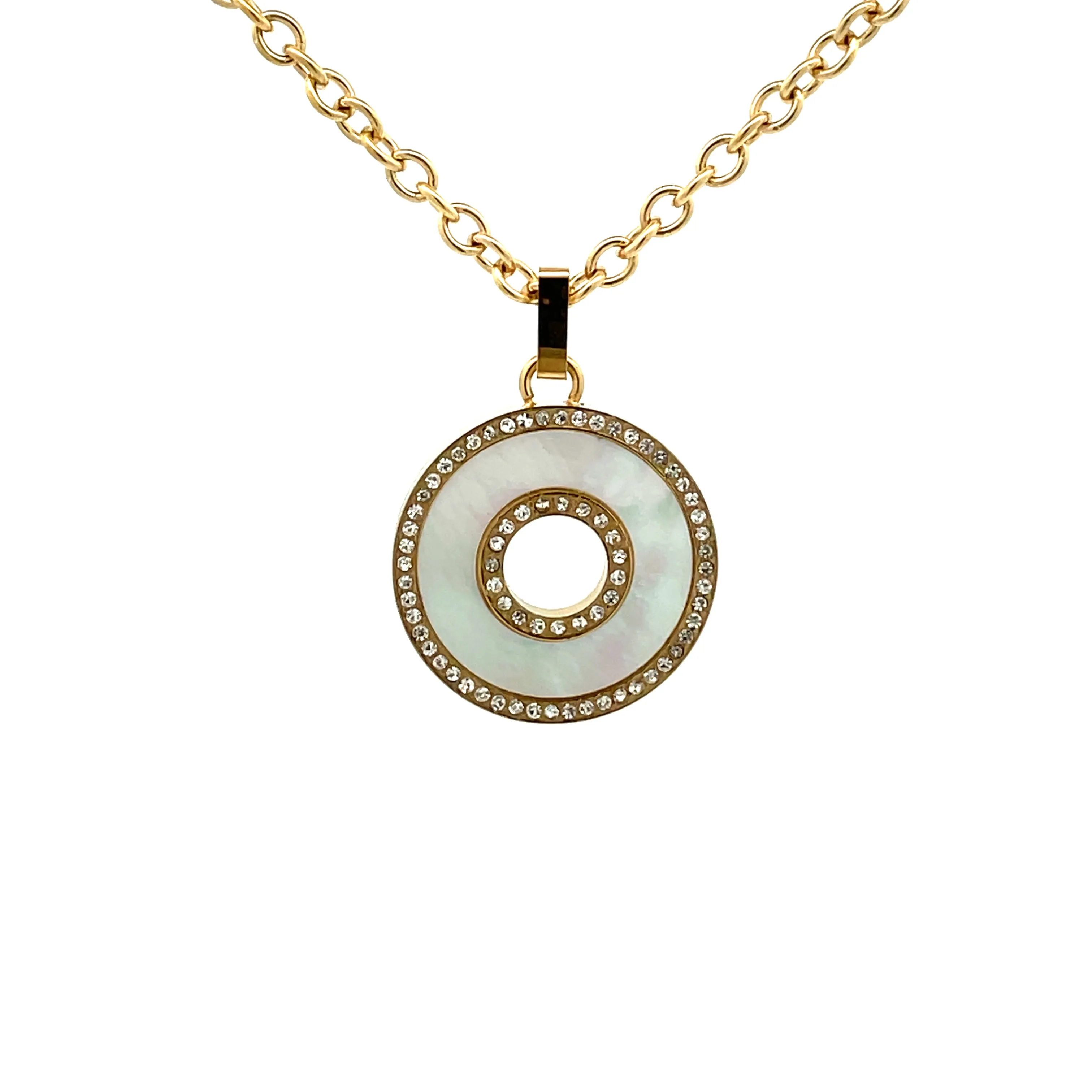 Gold Plated Stainless Steel White Mother of Pearl and Crystal Necklace