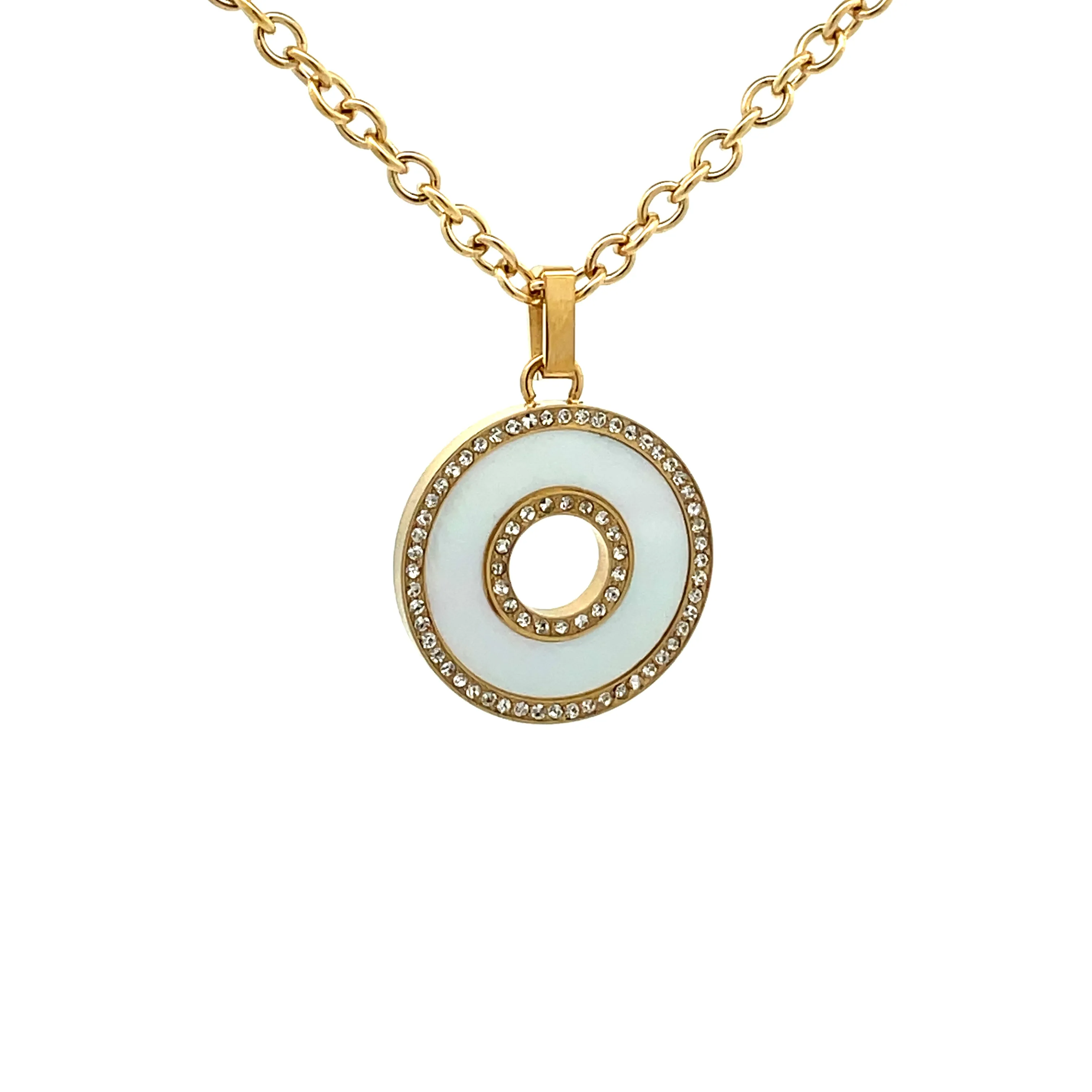 Gold Plated Stainless Steel White Mother of Pearl and Crystal Necklace