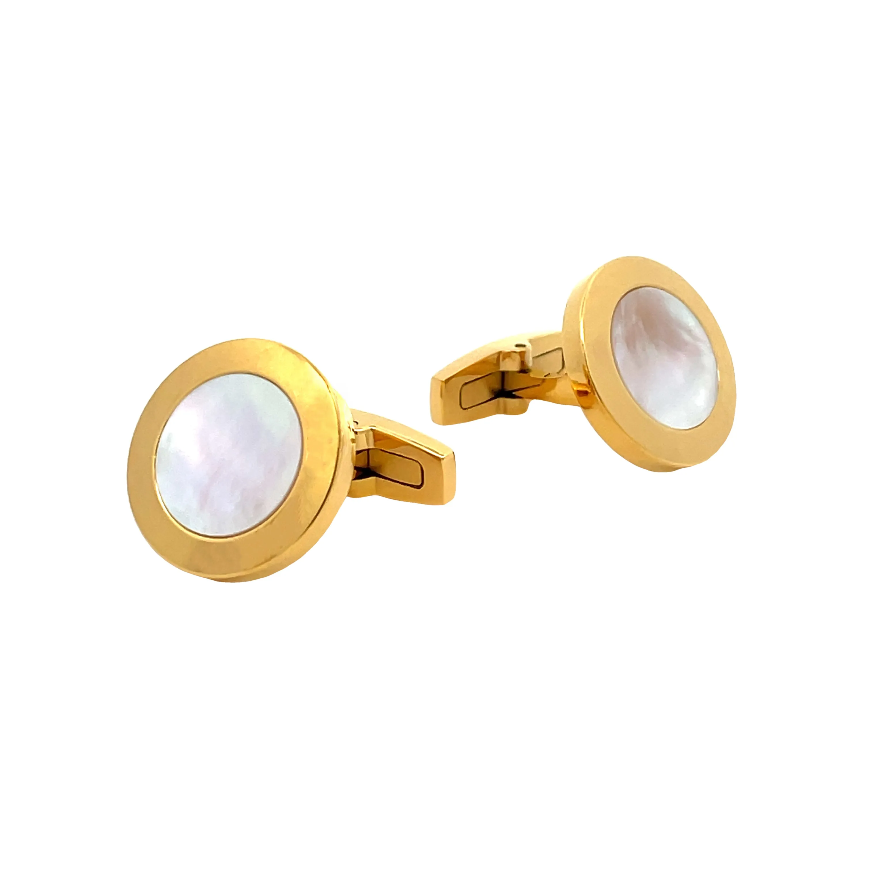 Gold Plated Stainless Steel White Mother Of Pearl Round Cufflinks