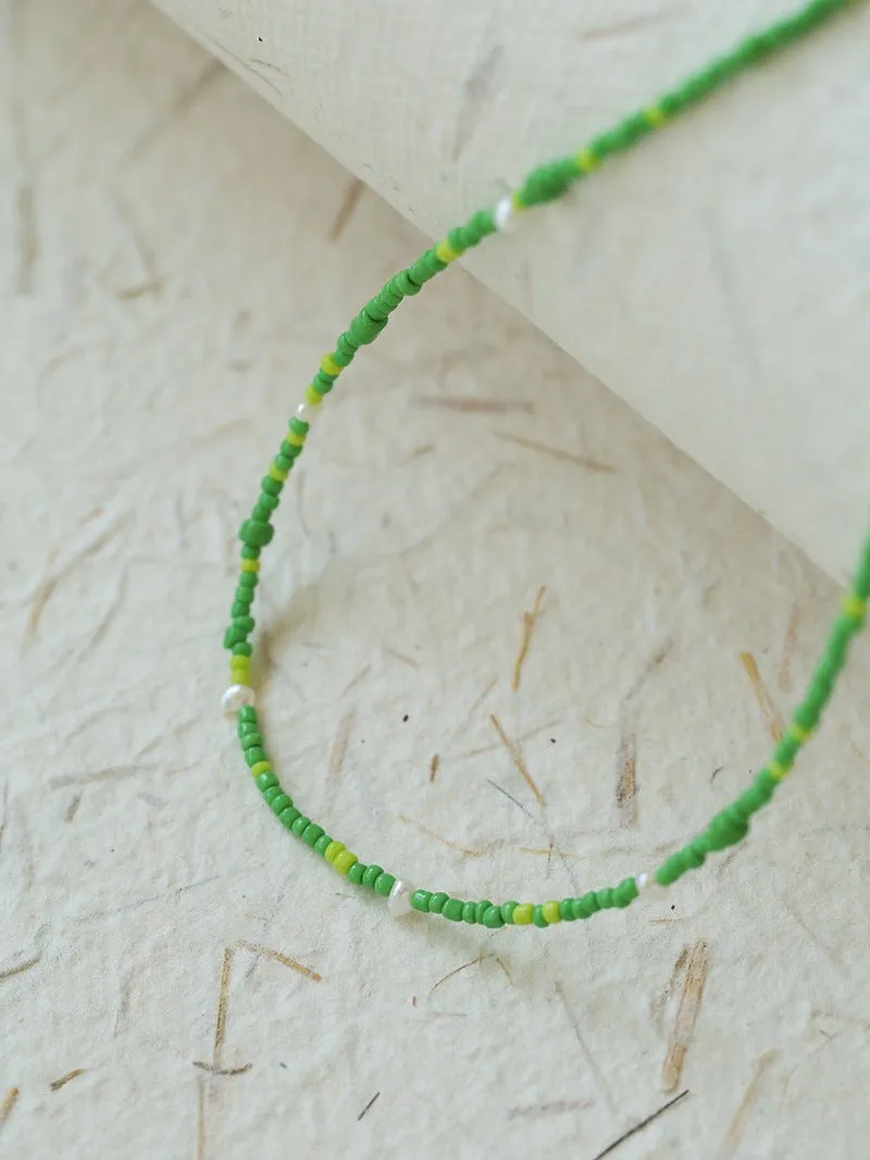 Green Ceramic Rice Bead and Pearl Bead Necklace