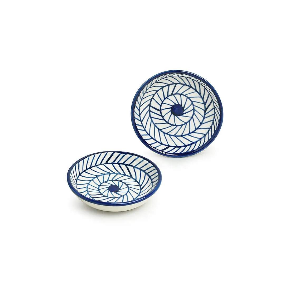 'Indigo Chevron' Handpainted Ceramic Chutney Bowls (Set of 2, 25 ML, Microwave Safe)