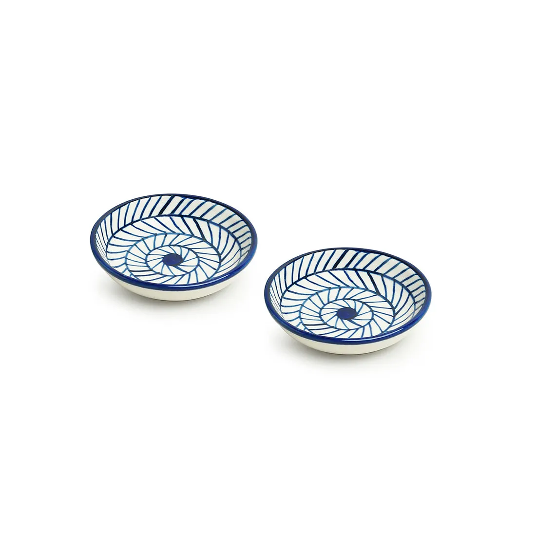 'Indigo Chevron' Handpainted Ceramic Chutney Bowls (Set of 2, 25 ML, Microwave Safe)