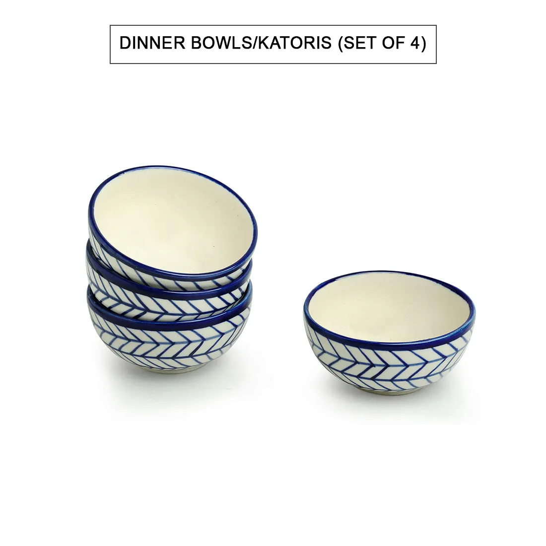 'Indigo Chevron' Handpainted Ceramic Dinner Plates With Katoris (8 Pieces, Serving for 4, Microwave Safe)