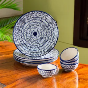 'Indigo Chevron' Handpainted Ceramic Dinner Plates With Katoris (8 Pieces, Serving for 4, Microwave Safe)