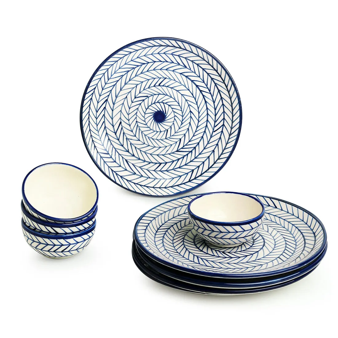 'Indigo Chevron' Handpainted Ceramic Dinner Plates With Katoris (8 Pieces, Serving for 4, Microwave Safe)