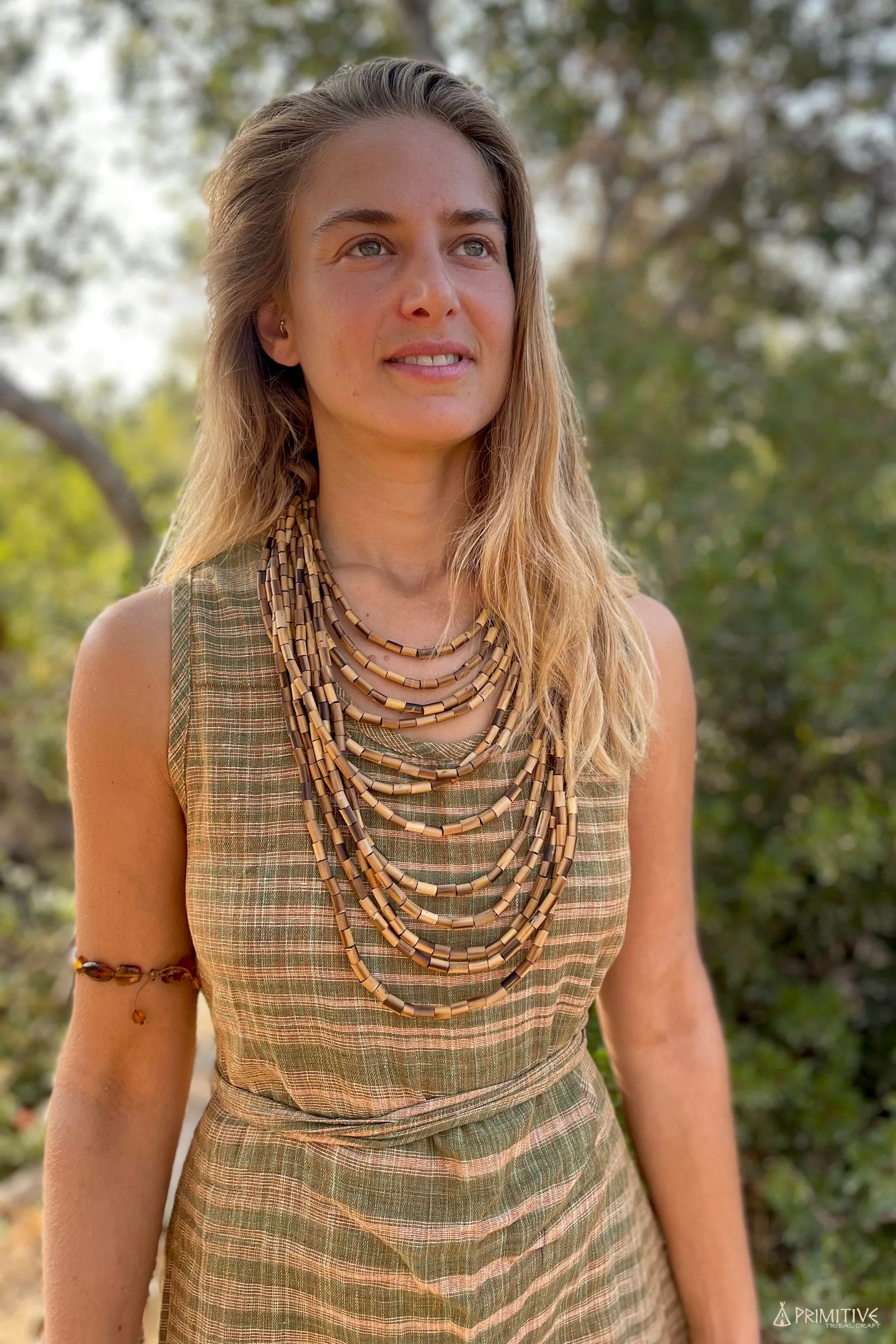 Large Natural Bamboo Necklace ⋙ 12 Strands ⋘