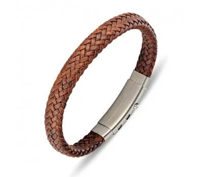 Leather & Stainless Steel Men's Bracelet - Thick Brown Braid Various