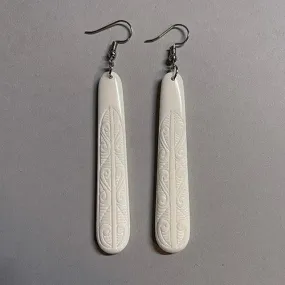 Long Maori Bone Earrings with Koru Surface Carving