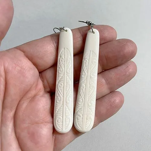 Long Maori Bone Earrings with Koru Surface Carving