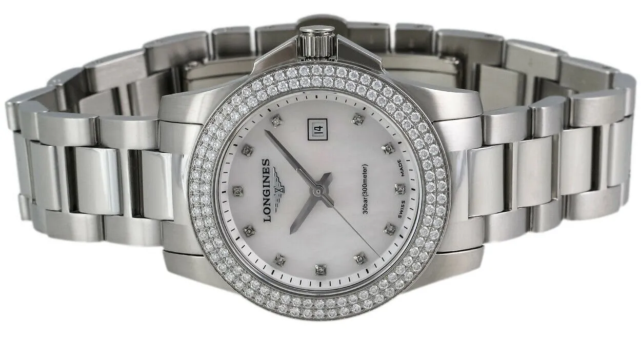 Longines Conquest Steel & Diamond Womens Watch Calendar MOP Dial L3.258.0.87.6