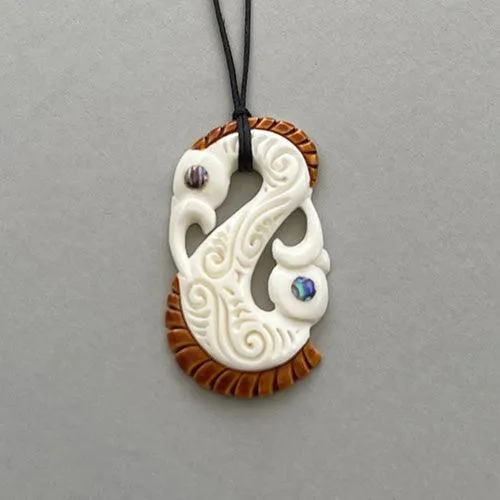 Maori Bone Double Manaia Necklace with Tea Stain