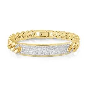 MEN'S CURB LINK GOLD TONE STEEL BRACELET WITH PAVE CUBIC ZIRCONIA PLATE