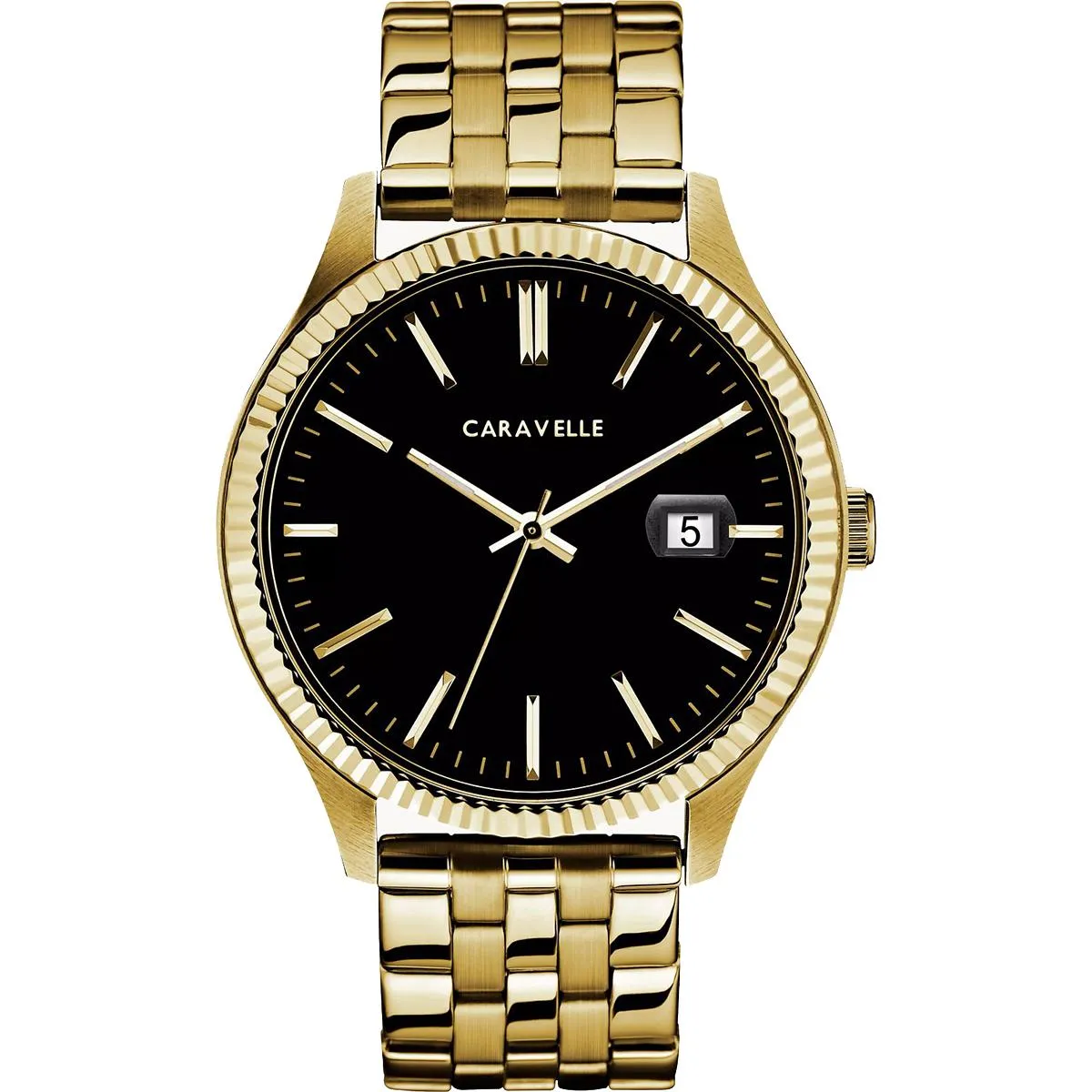 MEN'S GOLD-TONE STEEL CARAVELLE DRESS WATCH WITH BLACK DIAL