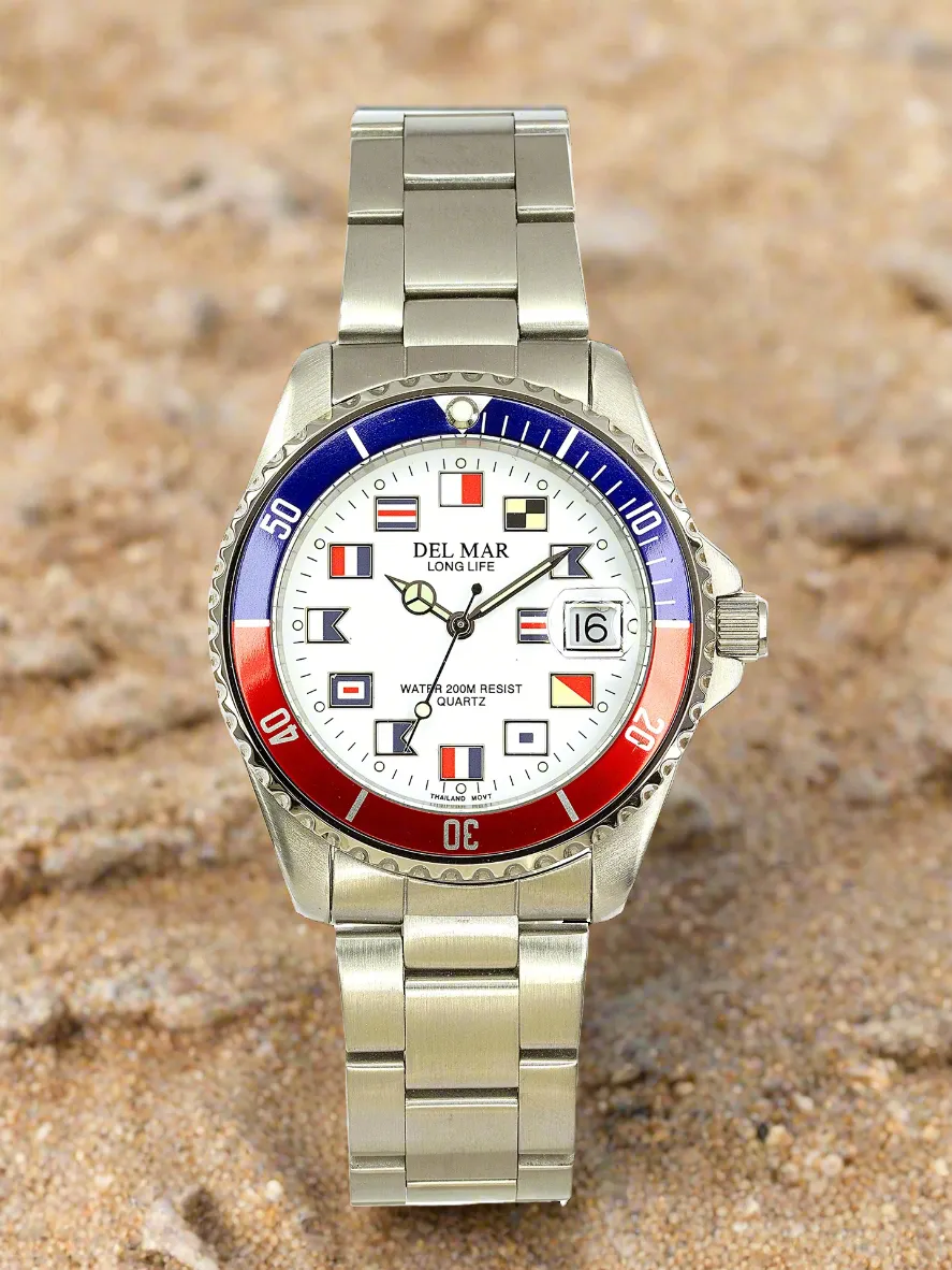 Men's Long Life Nautical Blue & Red Bezel, SS Band Watch #50257