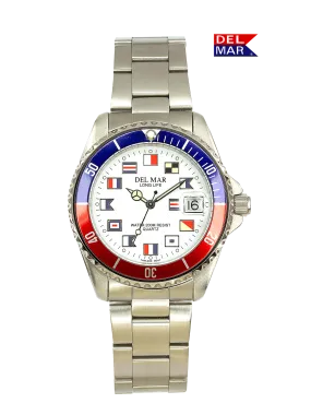 Men's Long Life Nautical Blue & Red Bezel, SS Band Watch #50257