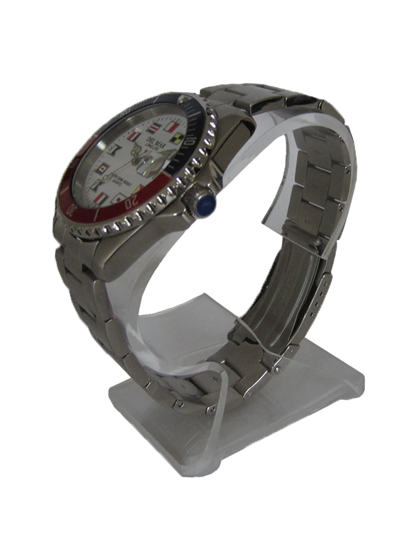 Men's Long Life Nautical Blue & Red Bezel, SS Band Watch #50257