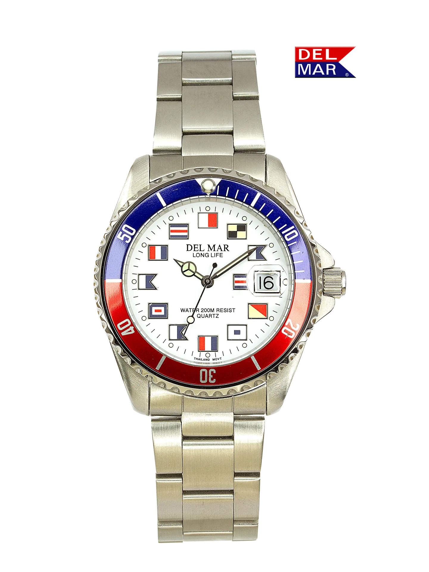 Men's Long Life Nautical Blue & Red Bezel, SS Band Watch #50257