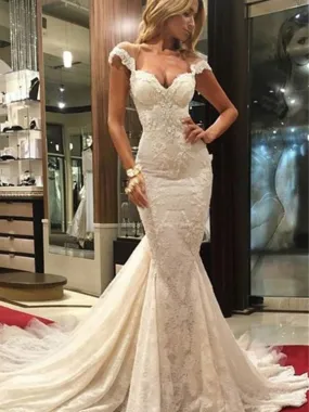 Mermaid Sexy Trumpet Sleeveless Sweep/Brush Train Lace Wedding Dress OW135