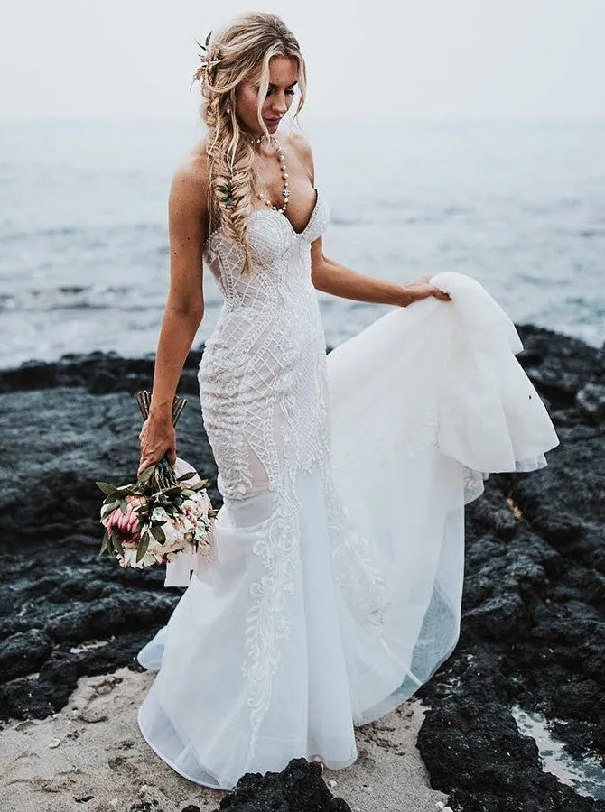 Mermaid Sweetheart Lace Appliques Beach Wedding Dress OW599