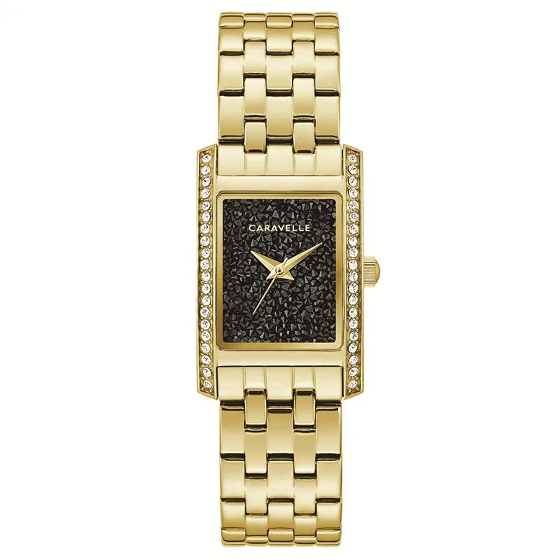 MODERN GOLD-TONE LADIES WATCH WITH BLACK CRYSTAL DIAL