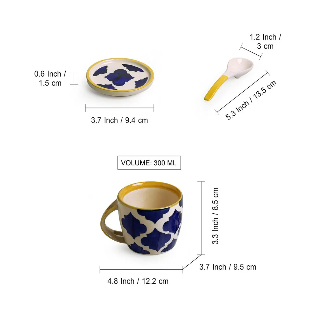 'Moroccan' Hand-Painted Ceramic Soup & Coffee Mug With Coaster And Spoon (300 ml)