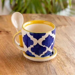 'Moroccan' Hand-Painted Ceramic Soup & Coffee Mug With Coaster And Spoon (300 ml)