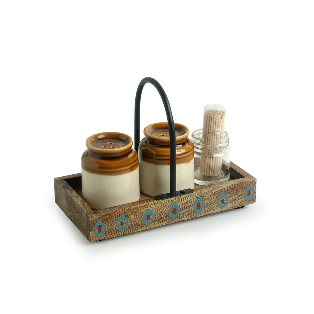 'Old Fashioned Martaban' Salt & Pepper Shaker Set With Toothpick Holder & Tray (110 ML)