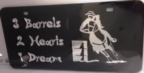 "3 Barrels, 2 Hearts, 1 Dream" Barrel Racer Mirrored License Plate  Dark