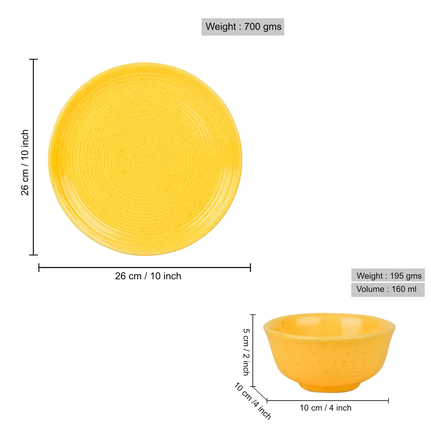 "Golden Glow Collection" Premium Ribbed Ceramic Dinner Serving Plate with 2 Dinner Bowls (Set of 3, Yellow , Plate Diameter – 10 inches)