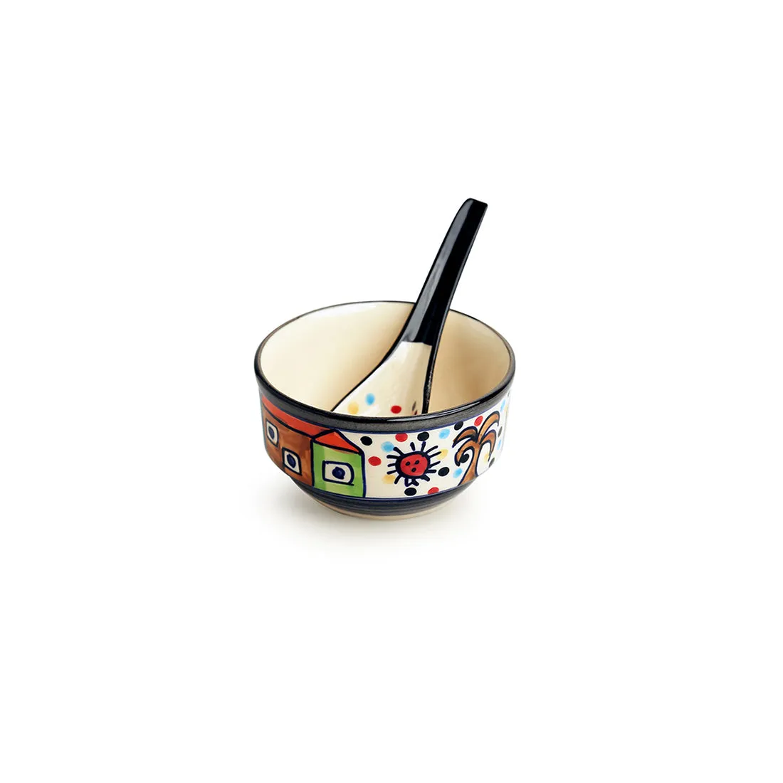 'Soupy Huts' Handpainted Soup Bowl With Spoon  In Ceramic (Set Of 4, 260 ML, Microwave Safe)