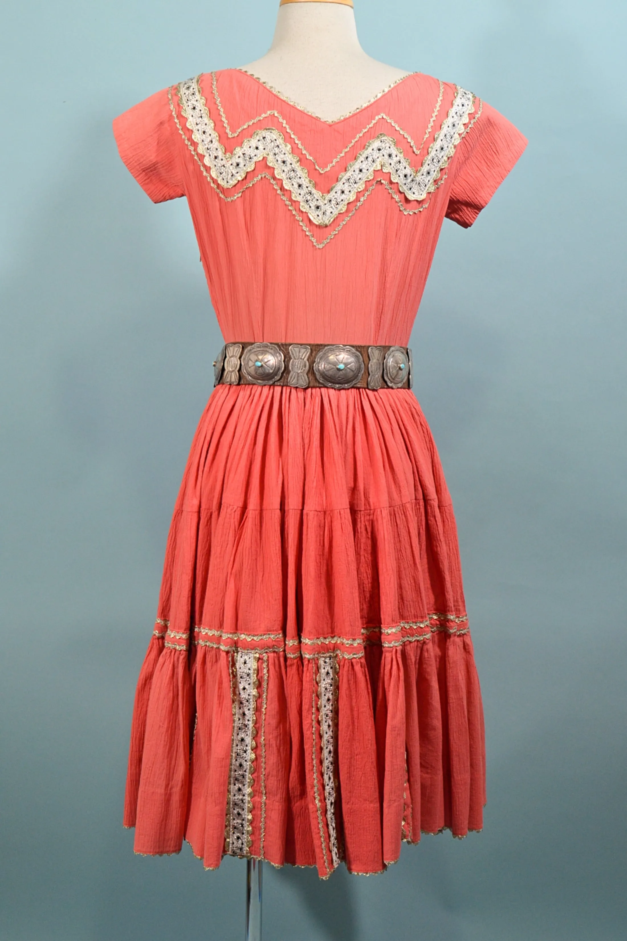 Vintage 50s Southwestern Patio Dress, Boho Square Dance Crepe Dress, M