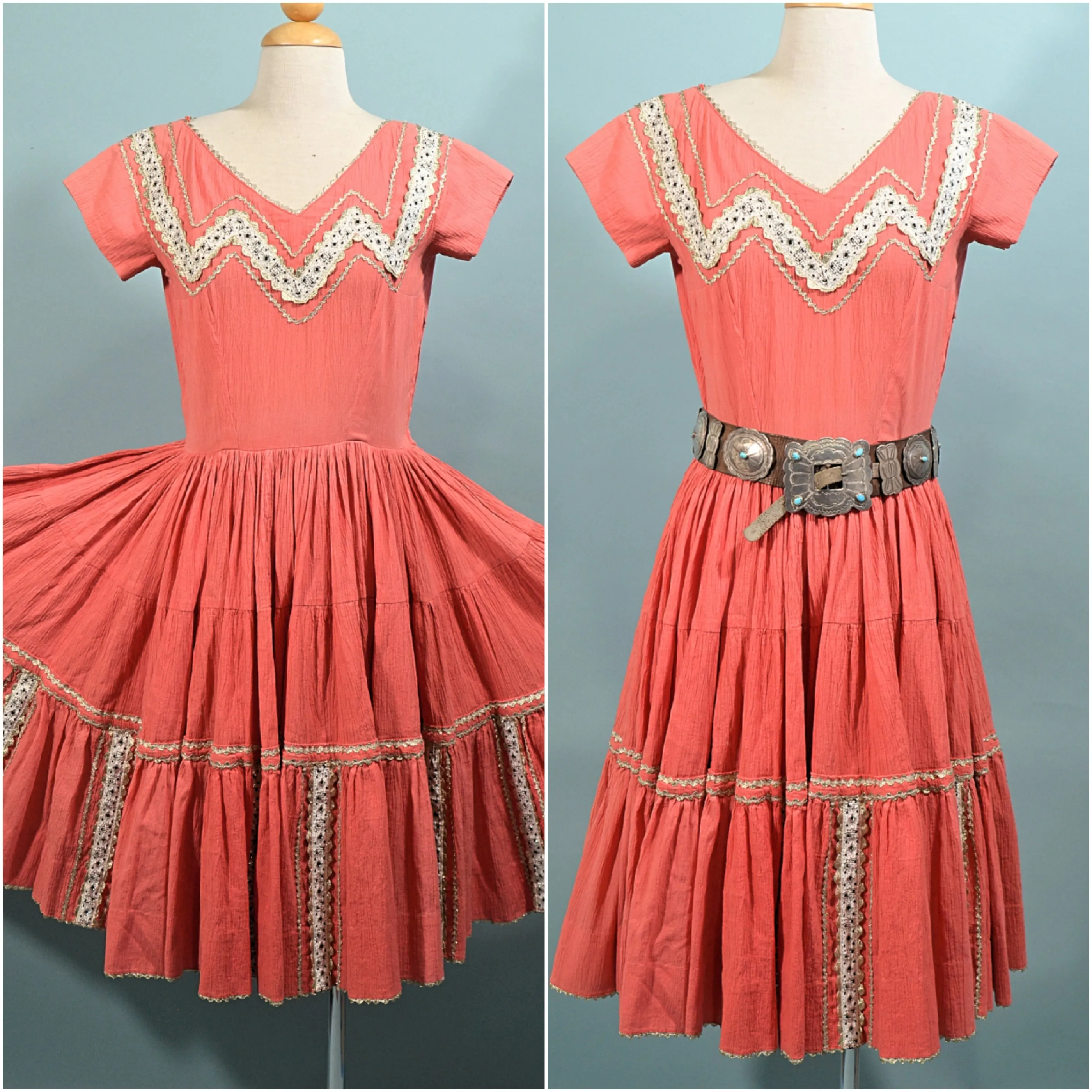 Vintage 50s Southwestern Patio Dress, Boho Square Dance Crepe Dress, M